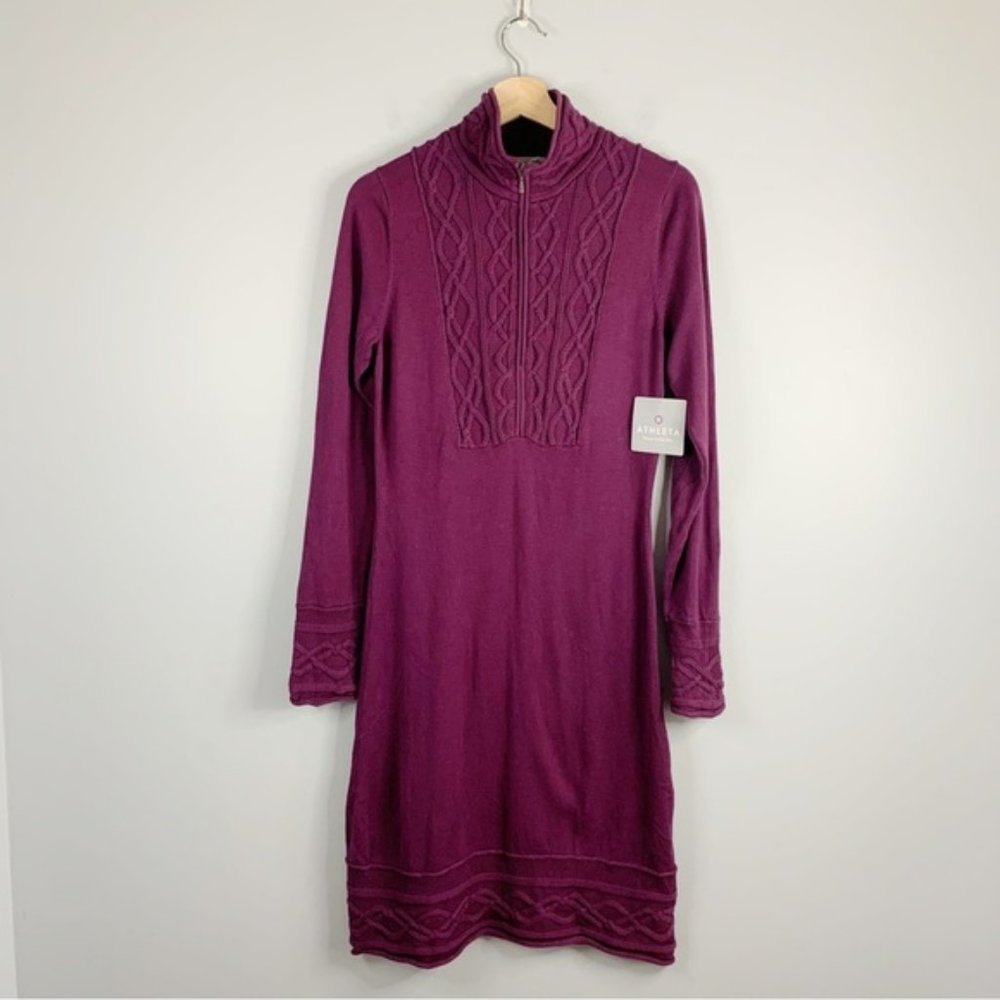 Athleta Womens Sawtooth Dress Purple Cable Knit Sweater Mini Dress  Medium M